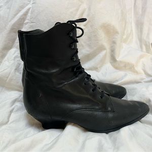 Vintage Black Genuine Leather Heeled Boots Costume Cosplay Witch Fairy Cottage